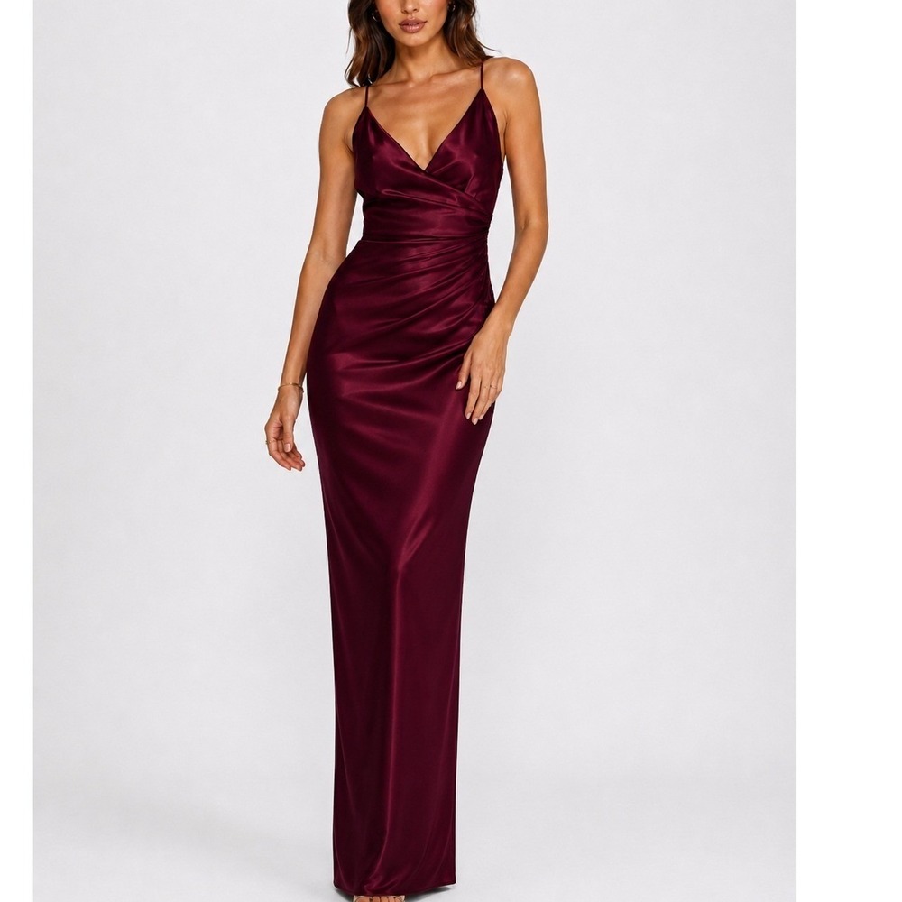 Women's Burgundy Satin Slip Dress Size 2 V Neck Spaghetti Strap Cocktail Prom